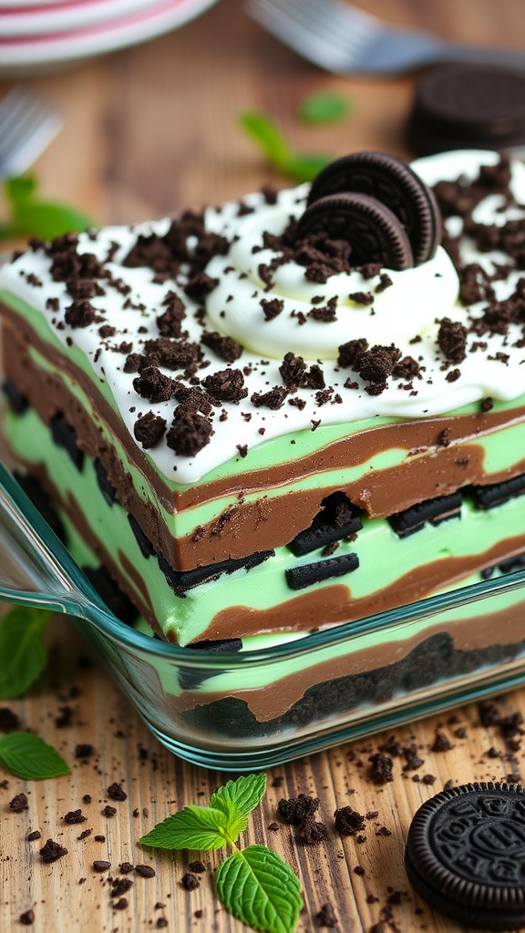 Mint Chocolate Lasagna with layers of mint cream cheese, chocolate pudding, and Oreo crust, garnished with whipped topping and Mint Oreos.